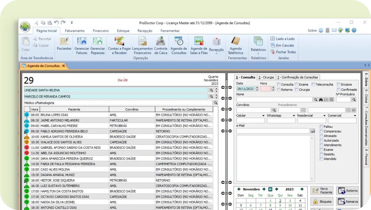 Recorte de tela da agenda do corp