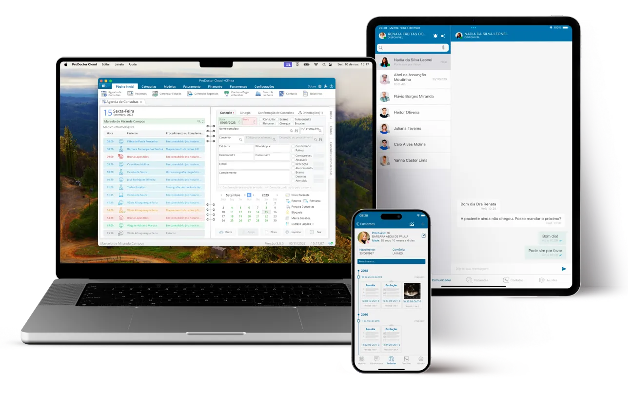 Notebook, tablet e celular mostrando o ProDoctor Cloud na tela